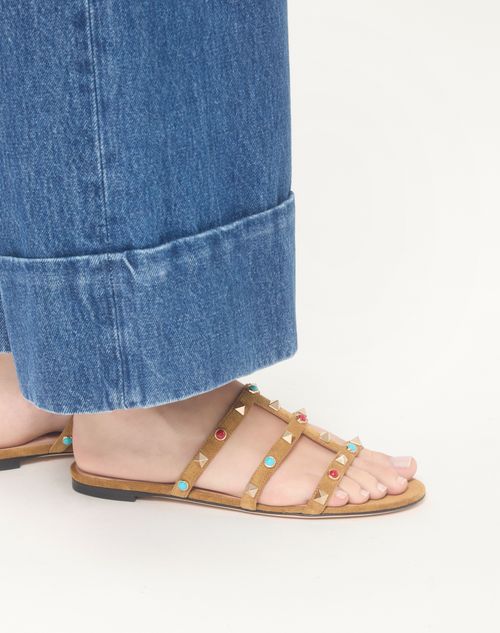 Valentino Garavani - Rockstud Slide Sandal In Split Leather With Cabochon Stones - Havana Beige - Woman - Sandals